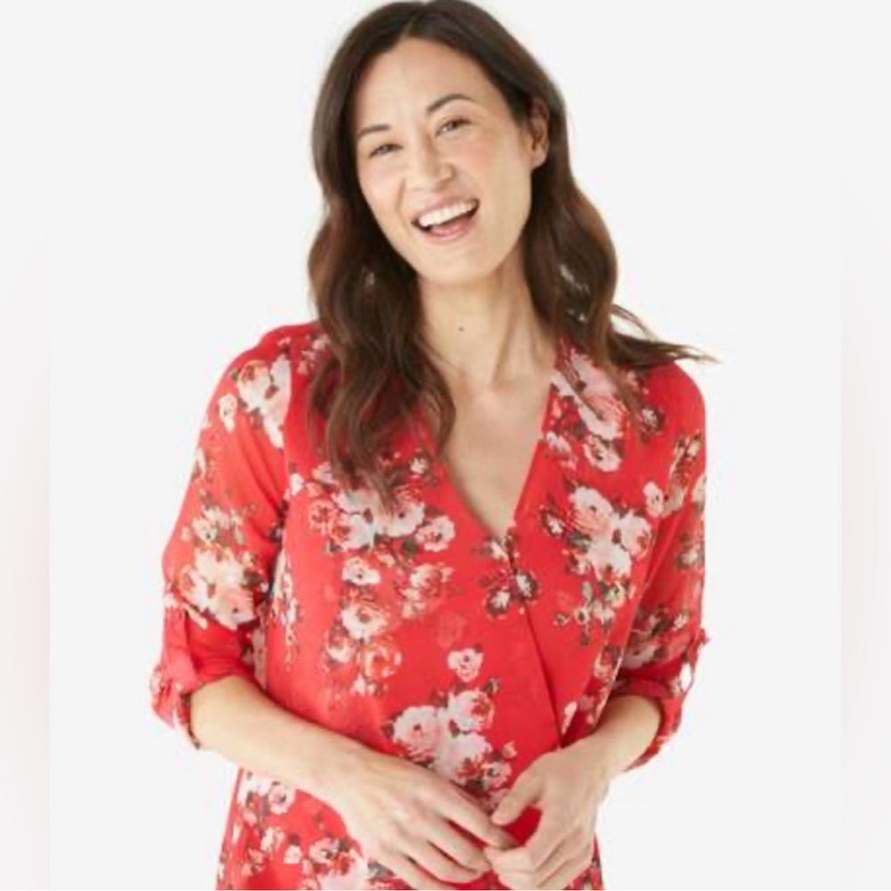 Kut From The Kloth - Syndi Surplice Red Floral Blouse. Size Medium